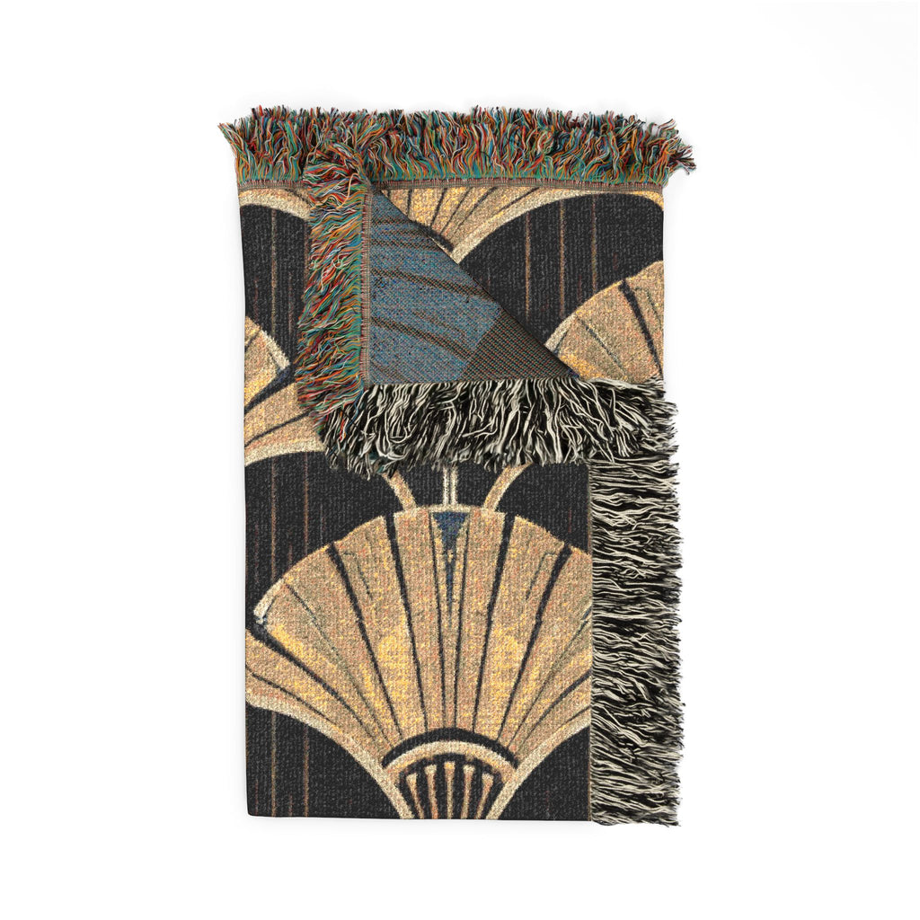 Art Deco Fan Pattern Woven Throw Blanket — Black and Gold
