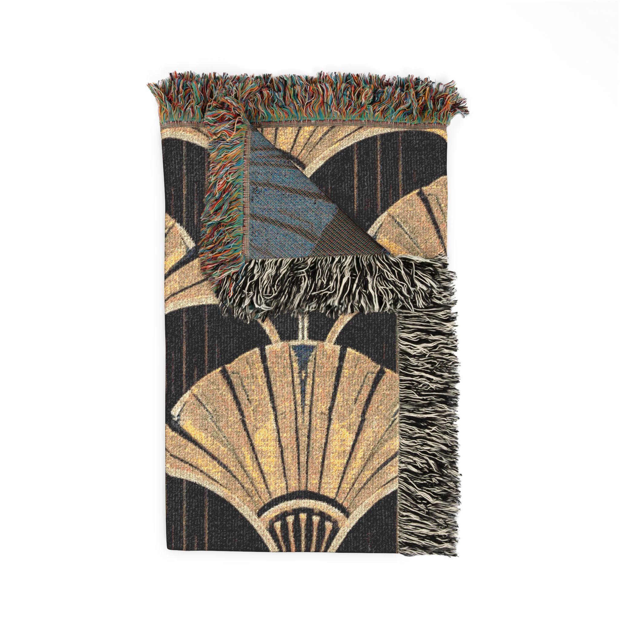 Art Deco Fan Pattern Woven Throw Blanket — Black and Gold