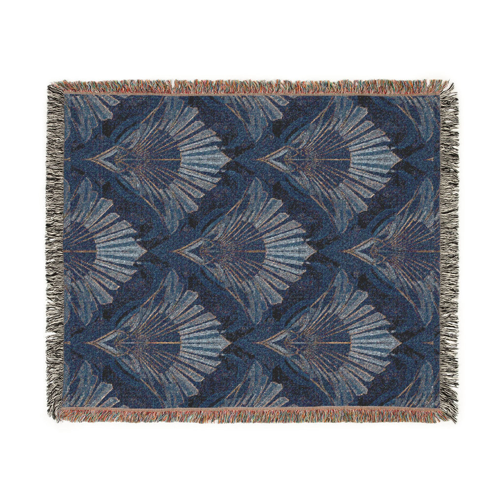 Art Deco Woven Throw Blanket — Navy Peacock Feather