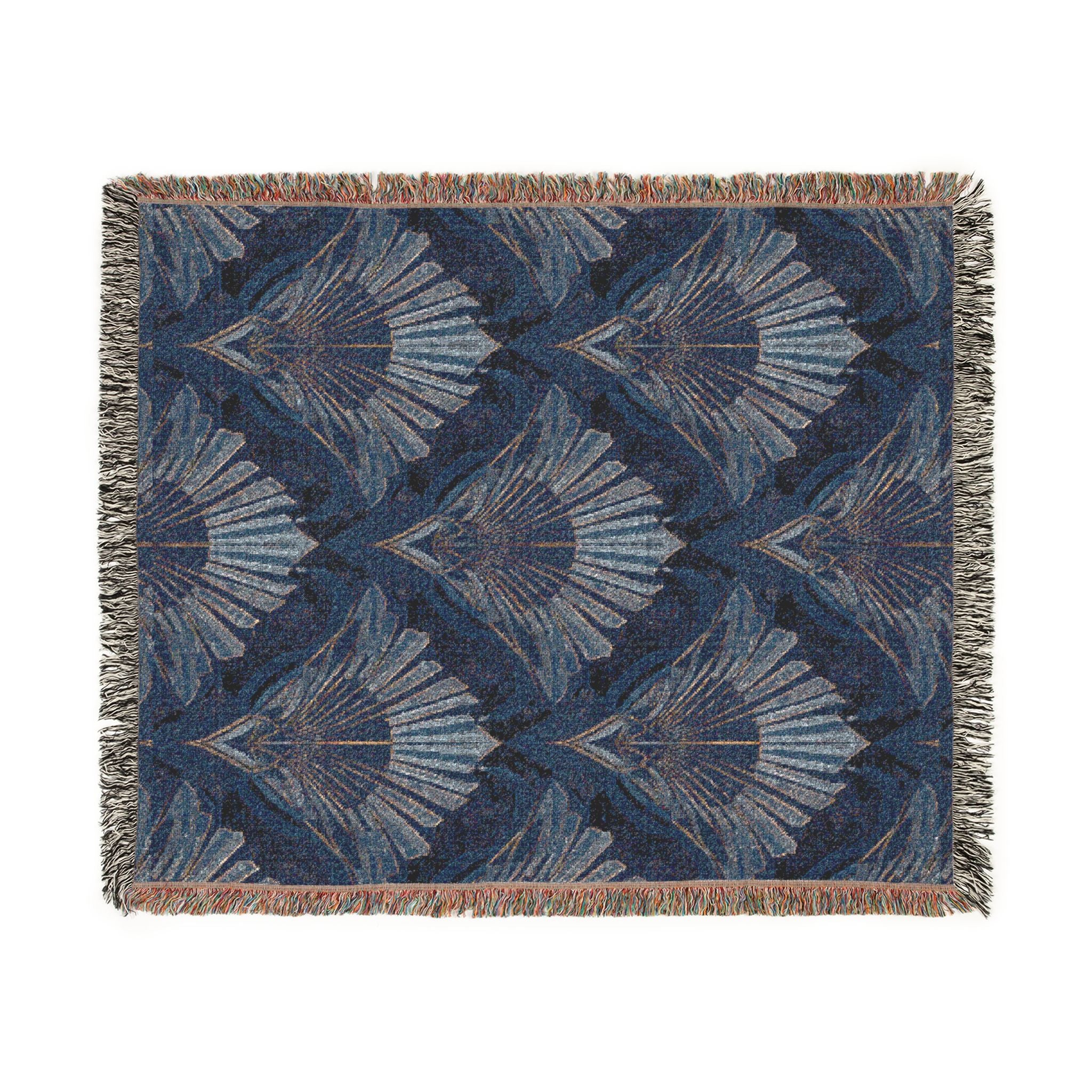 Art Deco Woven Throw Blanket — Navy Peacock Feather