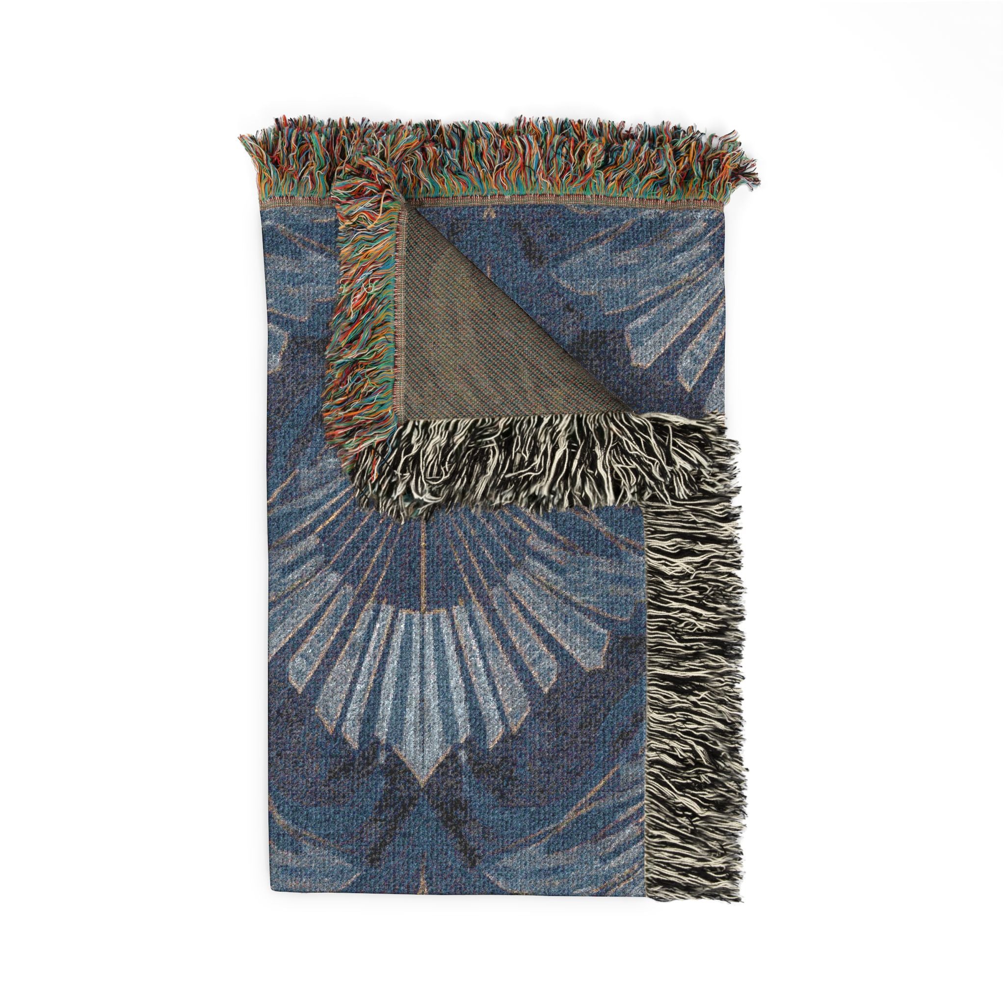 Art Deco Woven Throw Blanket — Navy Peacock Feather