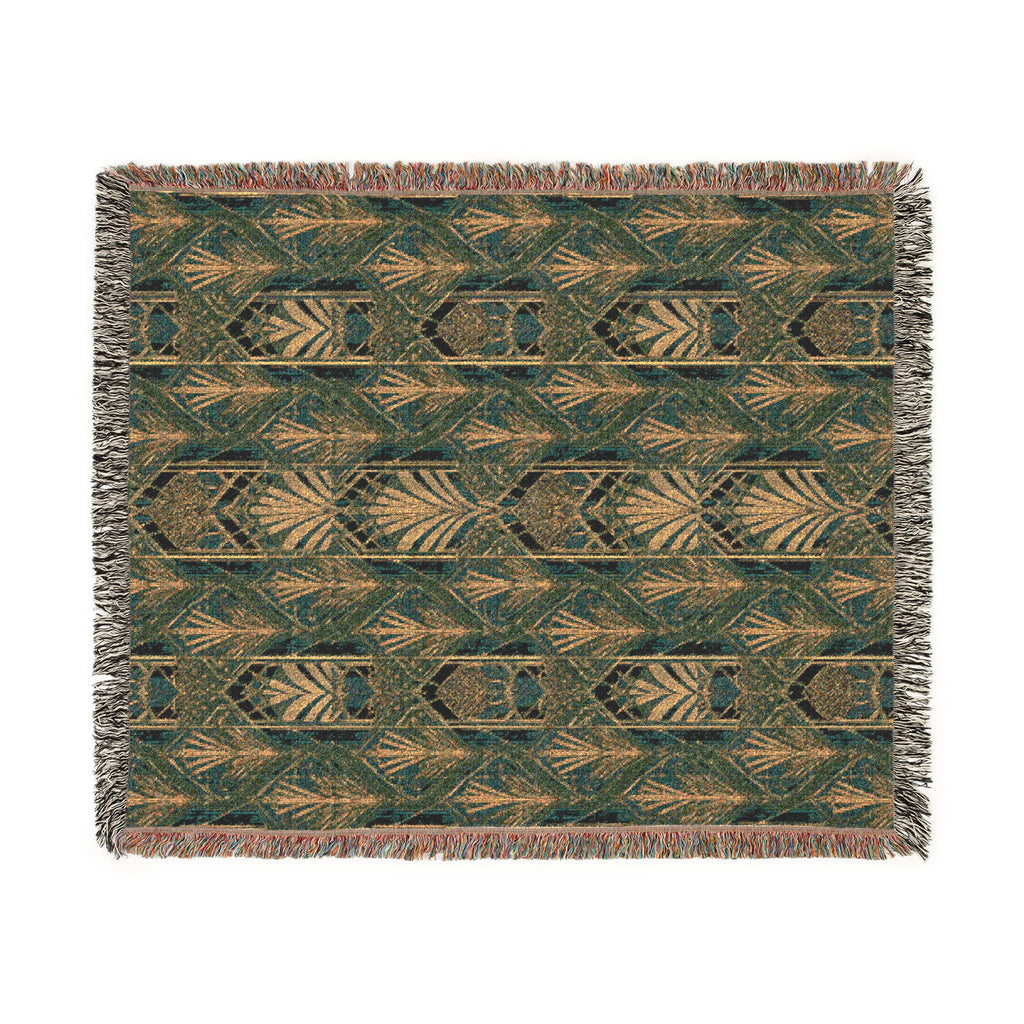 Art Deco Woven Blanket — Green and Gold Geometric Throw for Home Decor