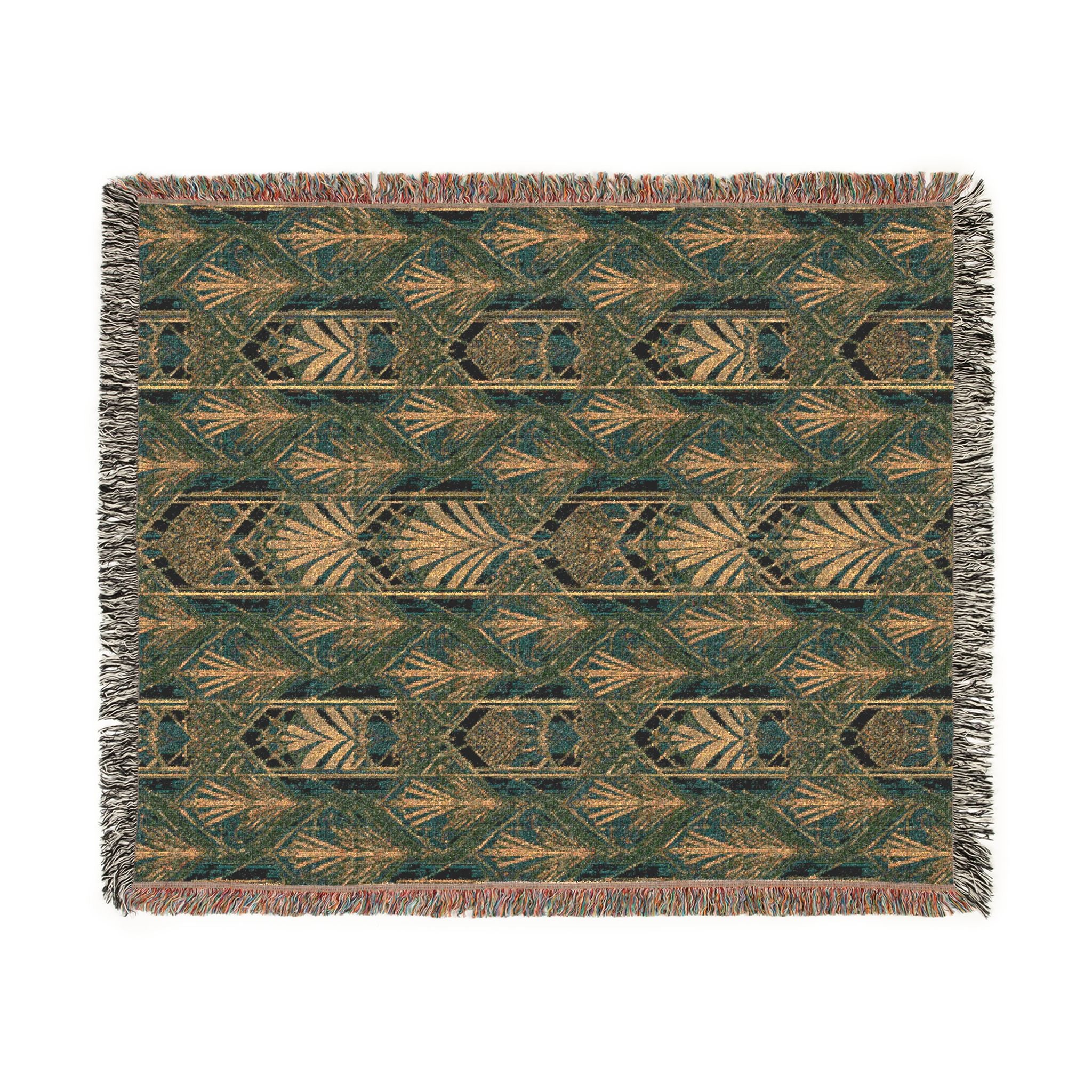 Art Deco Woven Blanket — Green and Gold Geometric Throw for Home Decor