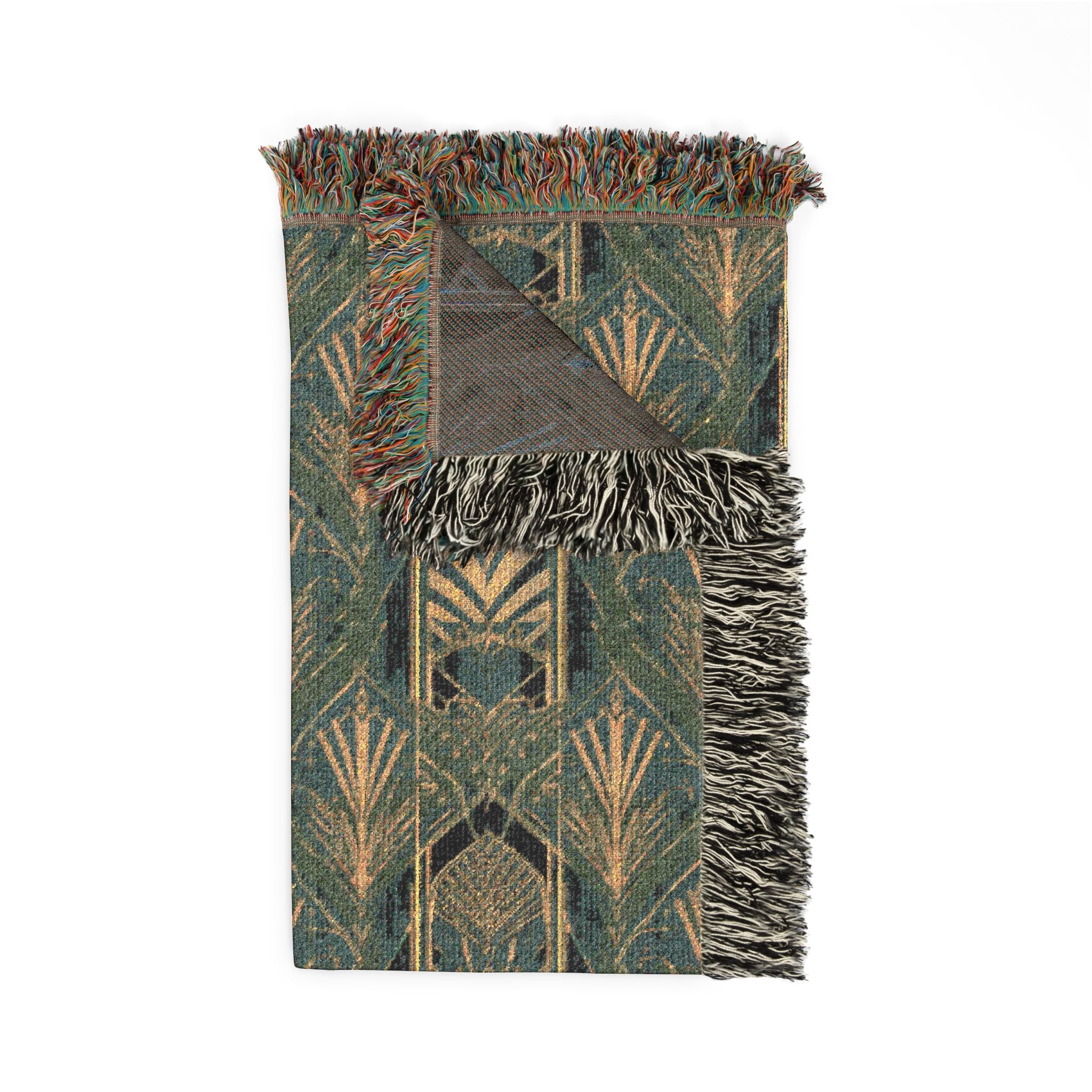 Art Deco Woven Blanket — Green and Gold Geometric Throw for Home Decor