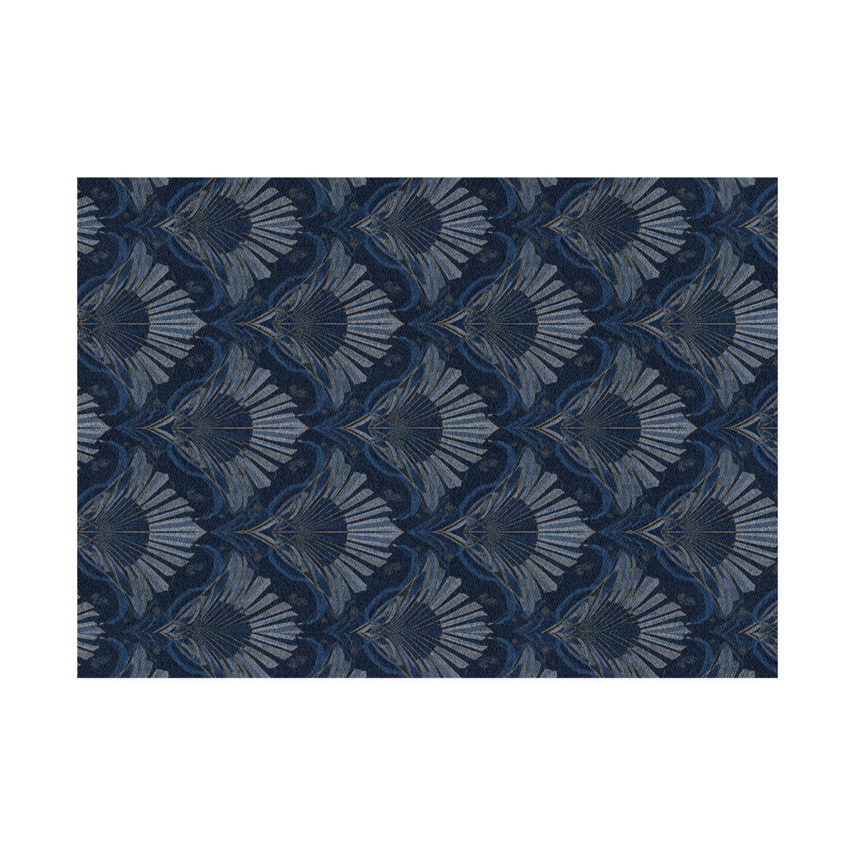 Rectangular navy rug with Art Deco floral fan pattern in light blue and dark navy