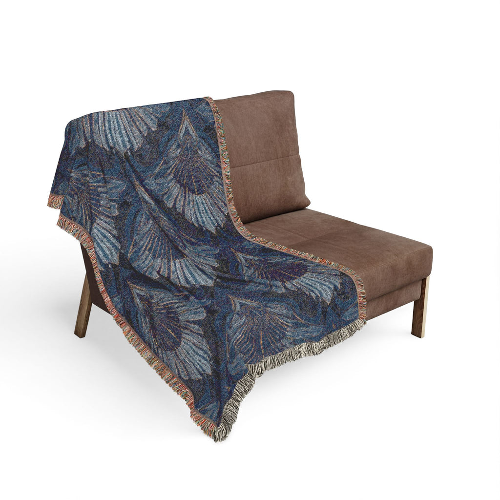 Art Deco Woven Throw Blanket — Navy Peacock Feather