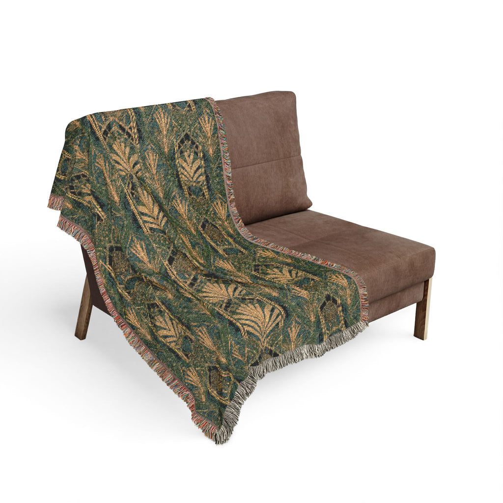 Art Deco Woven Blanket — Green and Gold Geometric Throw for Home Decor