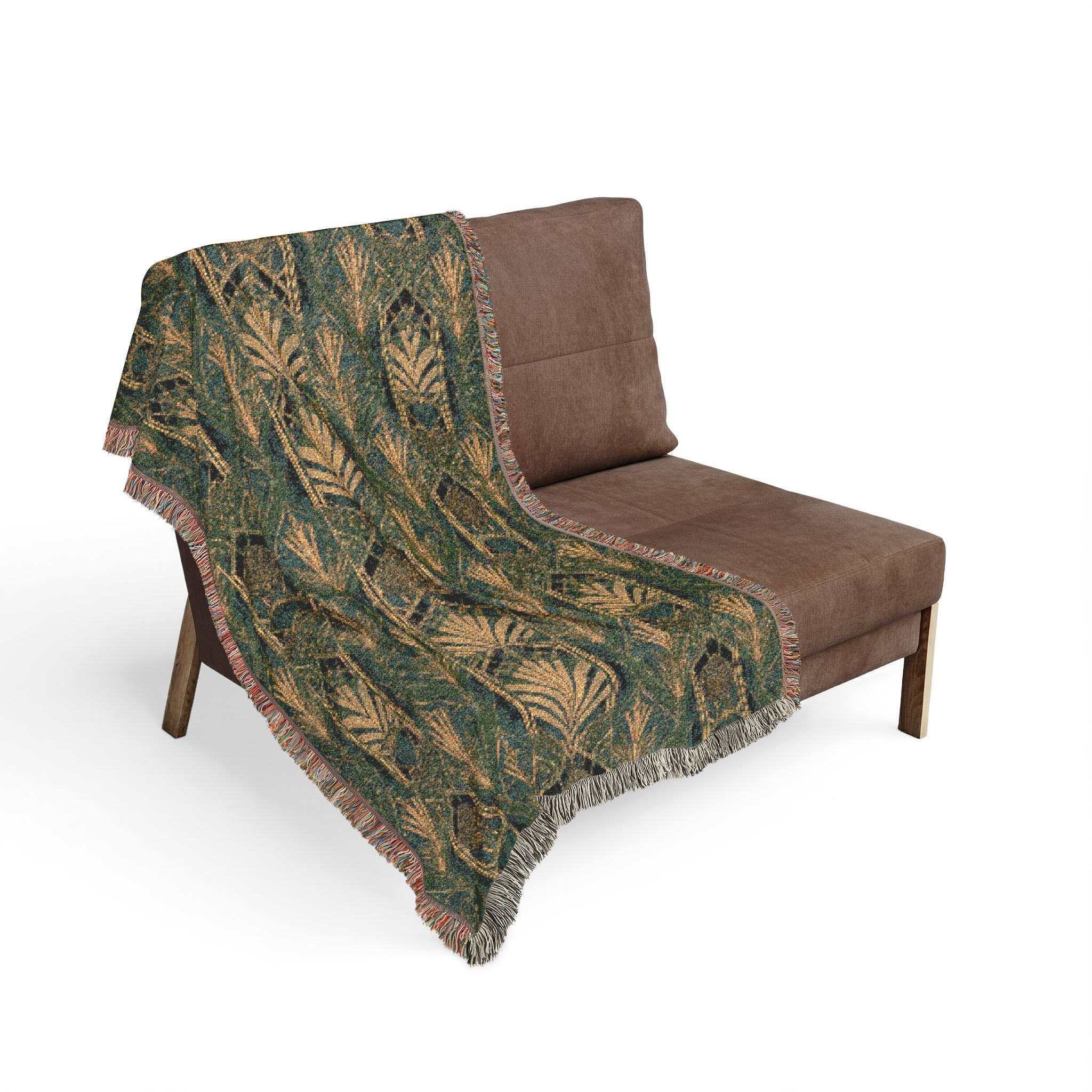 Art Deco Woven Blanket — Green and Gold Geometric Throw for Home Decor