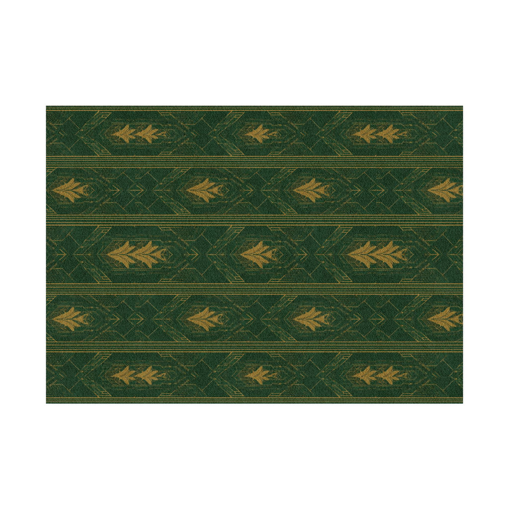 Rectangular green rug with gold art deco pattern, horizontal bands, and thin border