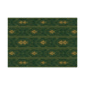 Rectangular green rug with gold art deco pattern, horizontal bands, and thin border