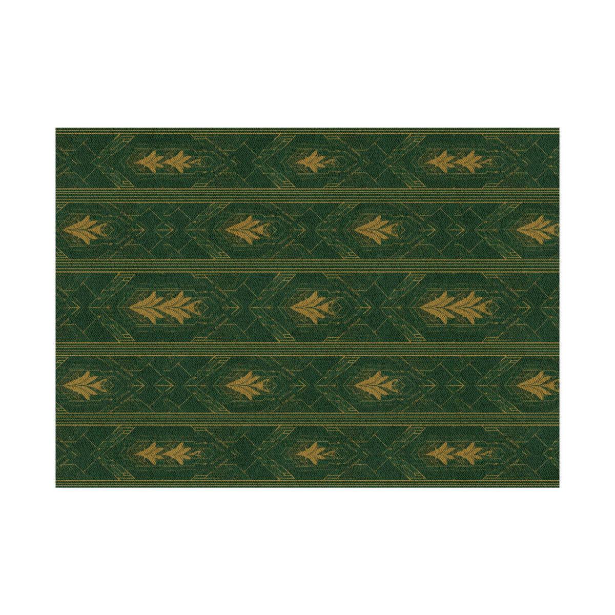 Rectangular green rug with gold art deco pattern, horizontal bands, and thin border