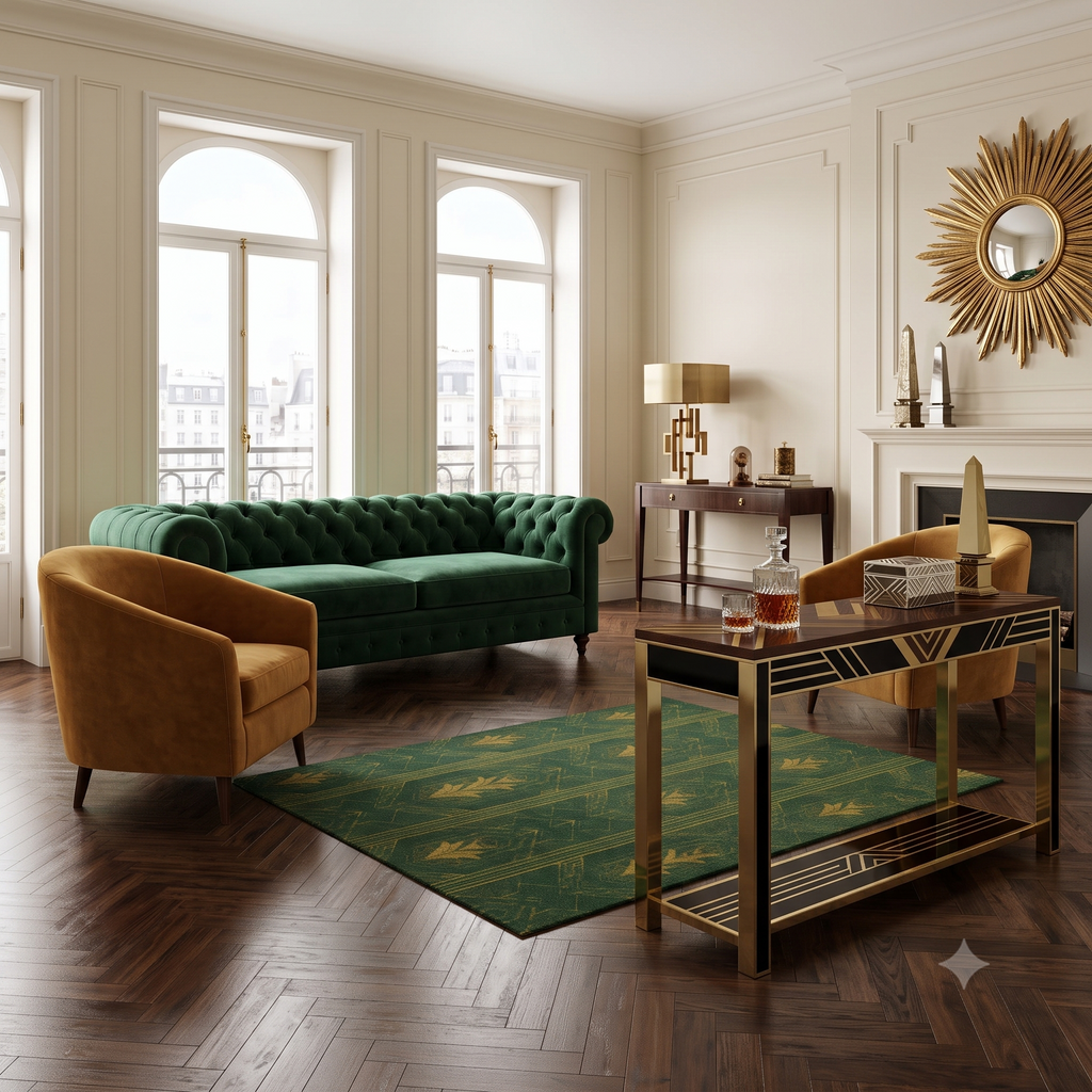 Rectangular green and gold art deco style rug with geometric border and bands