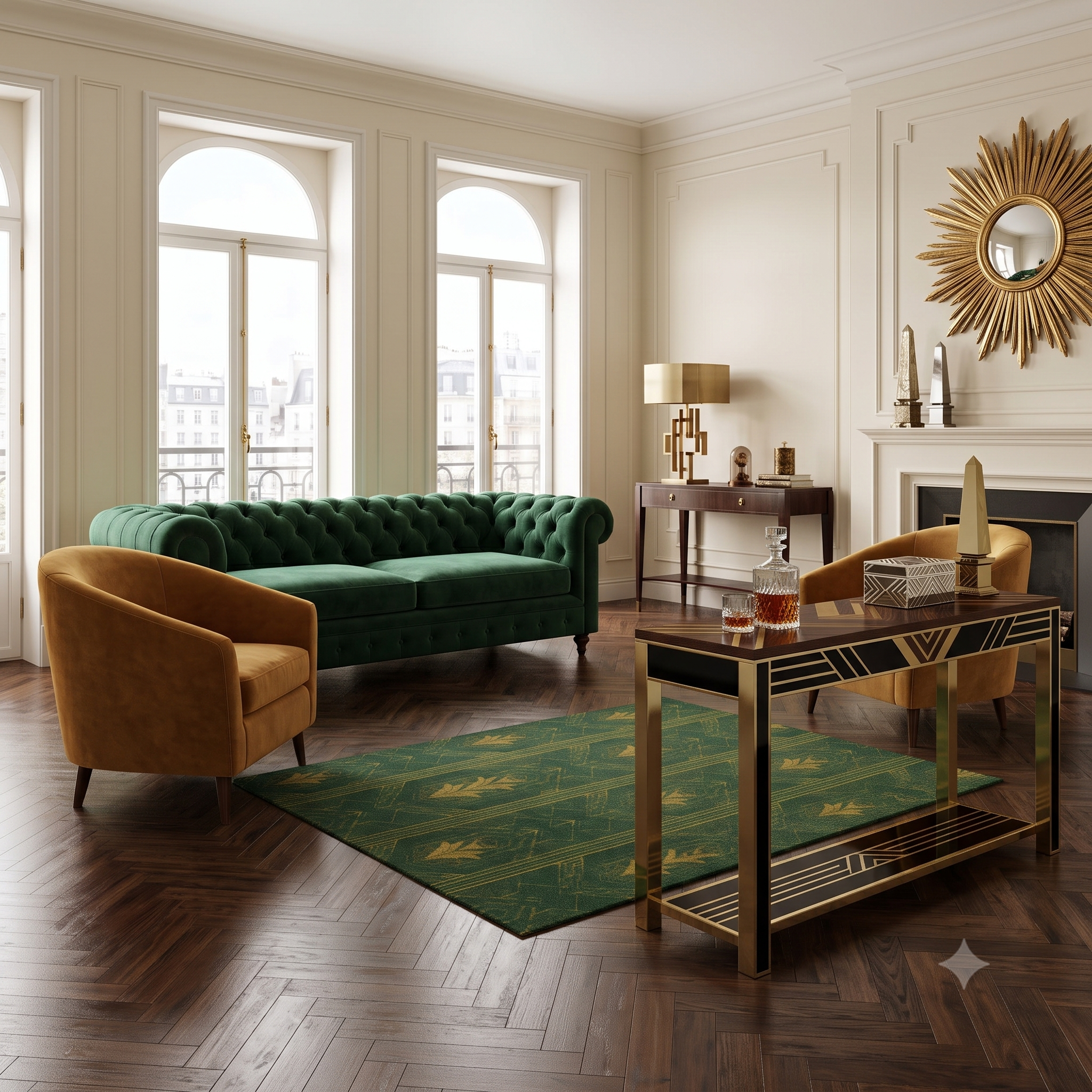 Rectangular green and gold art deco style rug with geometric border and bands