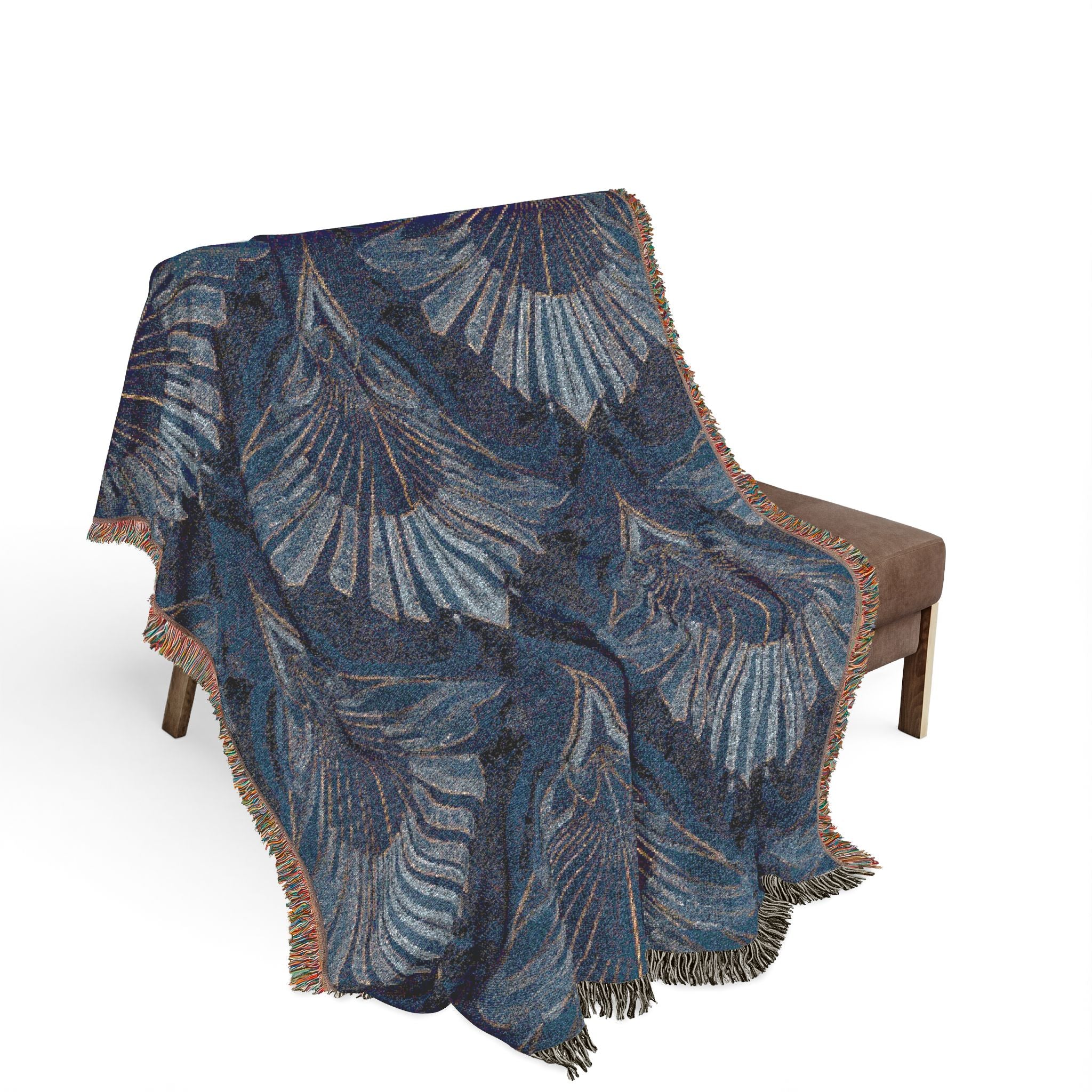 Art Deco Woven Throw Blanket — Navy Peacock Feather