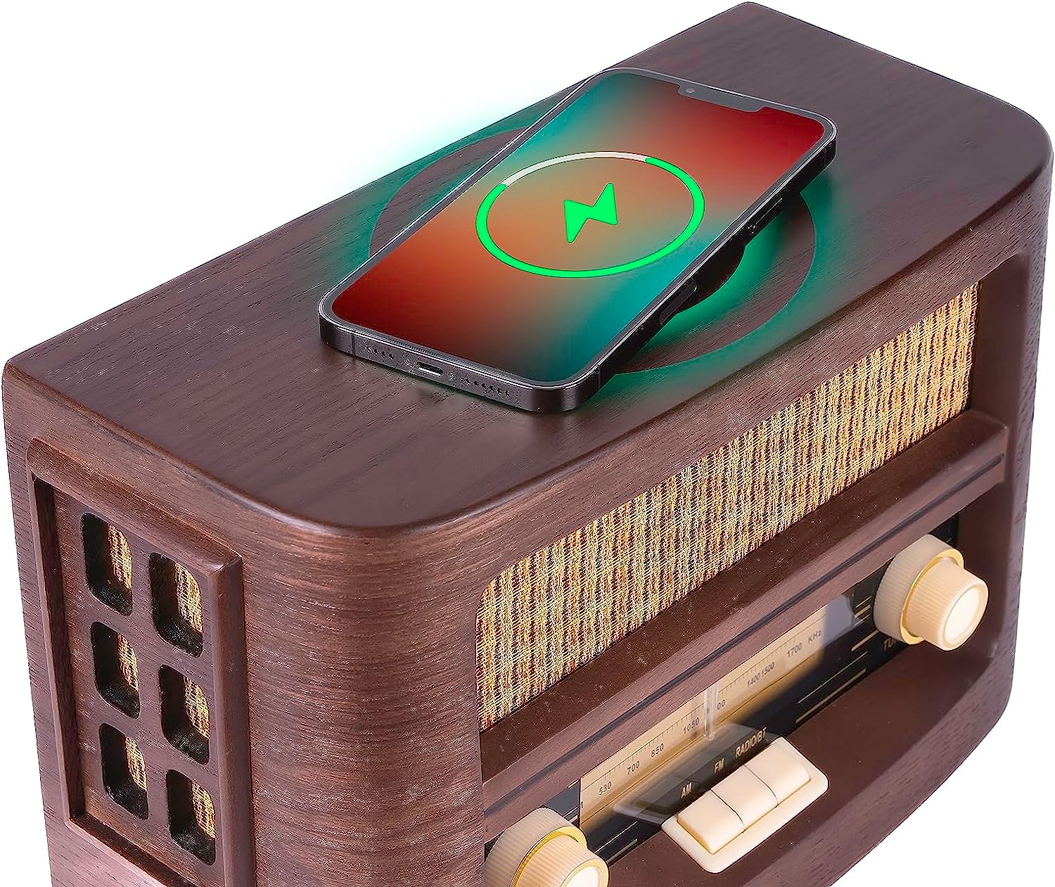 Vintage radio with top phone dock and wireless charging indicator on screen