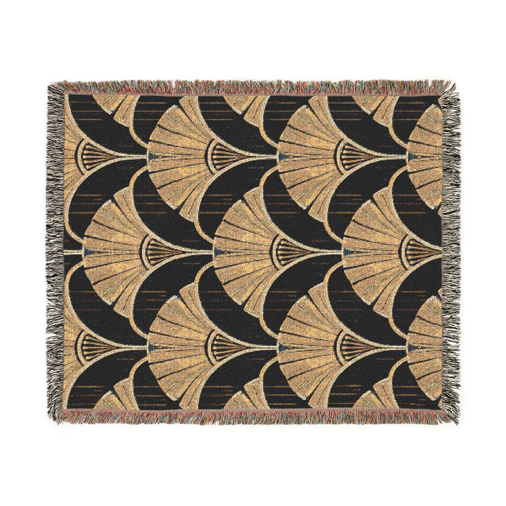 Art Deco Fan Pattern Woven Throw Blanket — Black and Gold