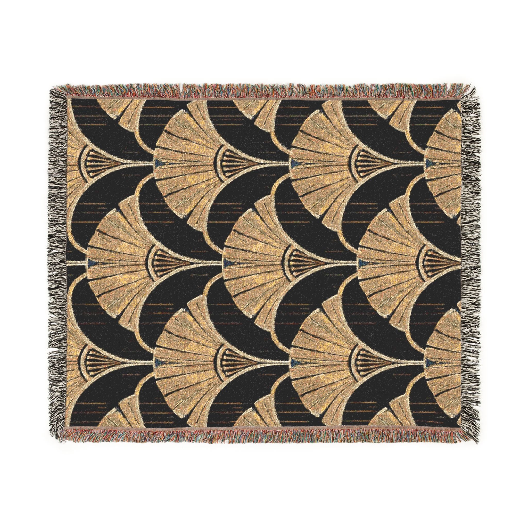 Art Deco Fan Pattern Woven Throw Blanket — Black and Gold