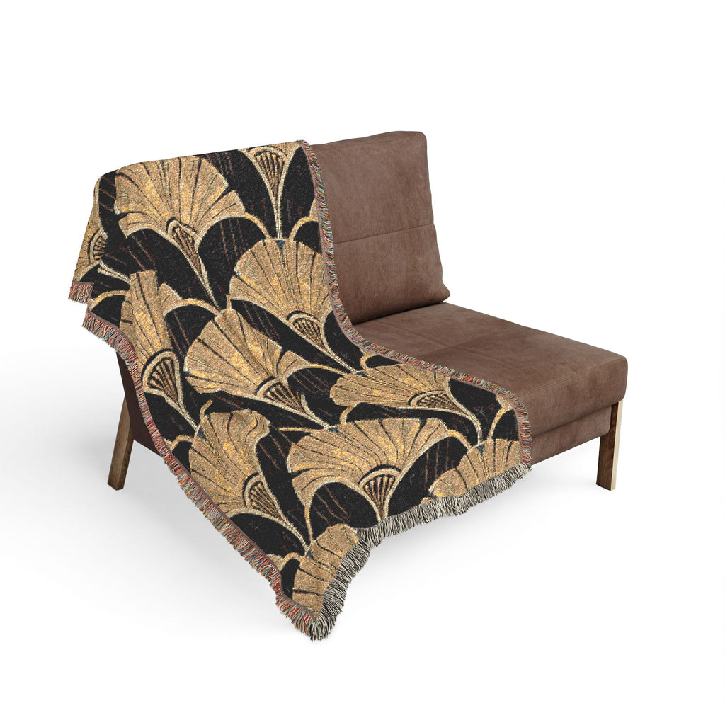 Art Deco Fan Pattern Woven Throw Blanket — Black and Gold