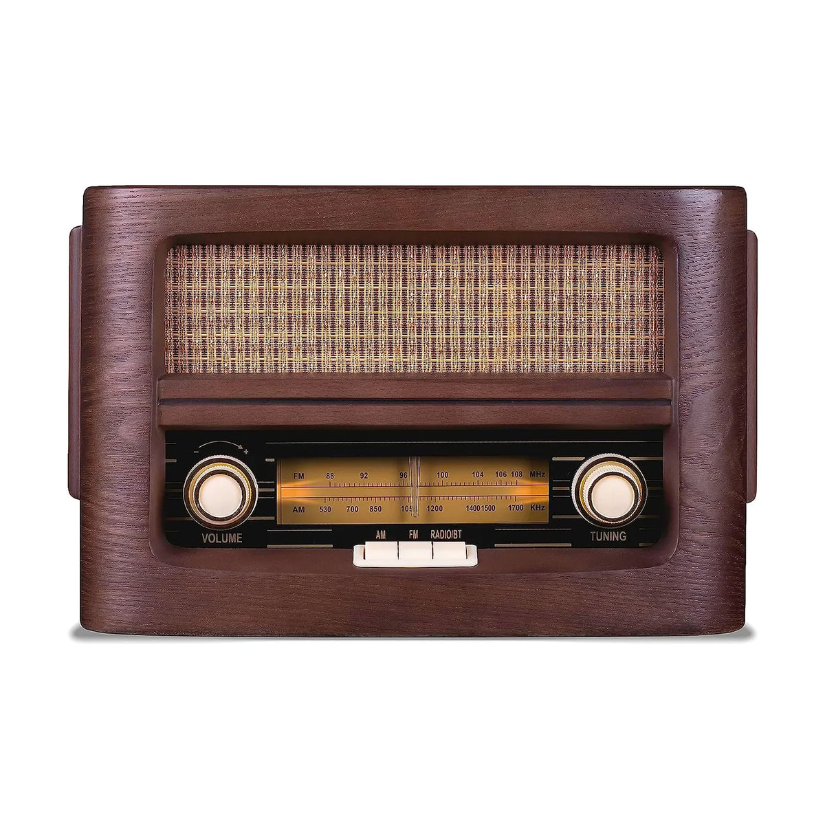 Front view of vintage wood radio with speaker grille and AM/FM tuning controls