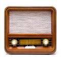Wooden retro radio with white speaker grille, volume and tuning knobs