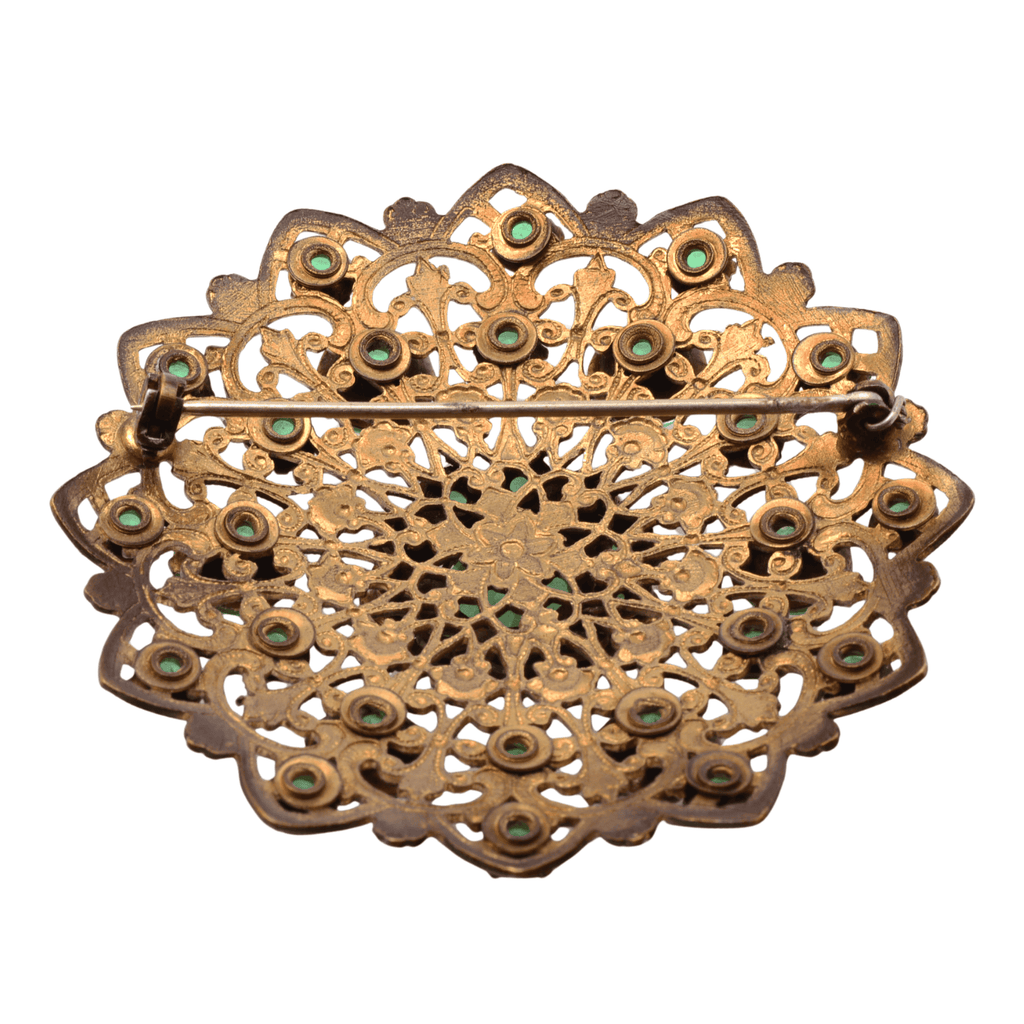 Vintage Czech Art Deco Dress Clip: Emerald Green Crystals, Ornate Base Metal Filigree - 62mm