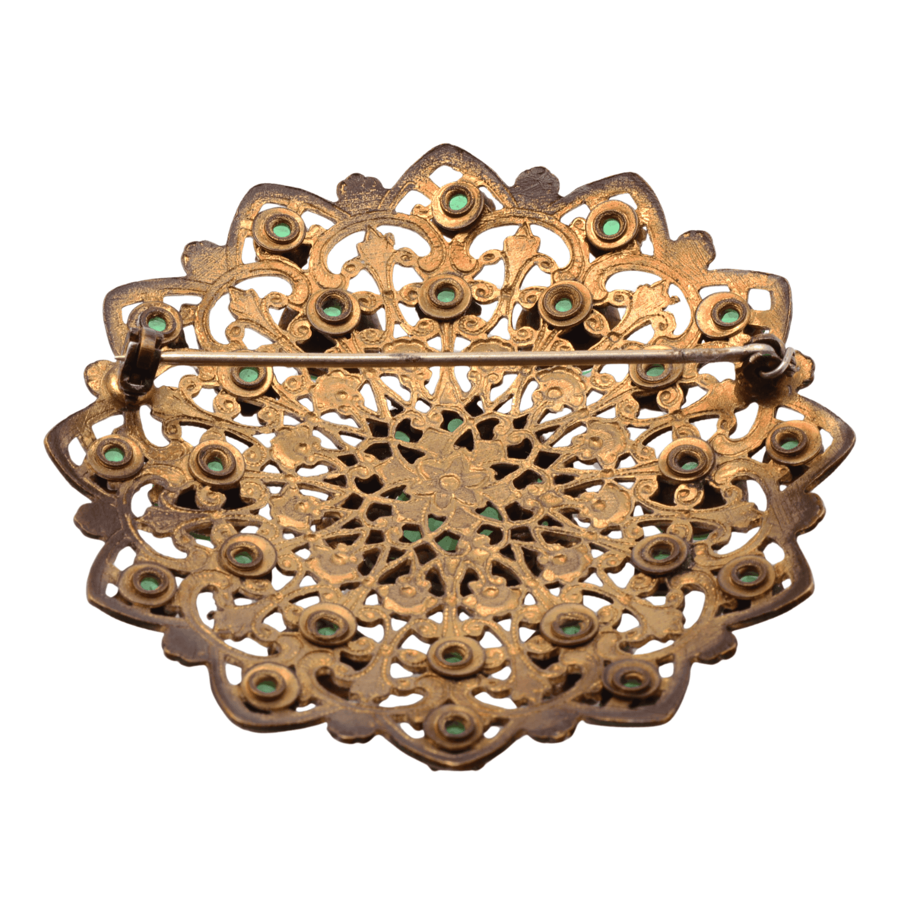 Vintage Czech Art Deco Dress Clip: Emerald Green Crystals, Ornate Base Metal Filigree - 62mm
