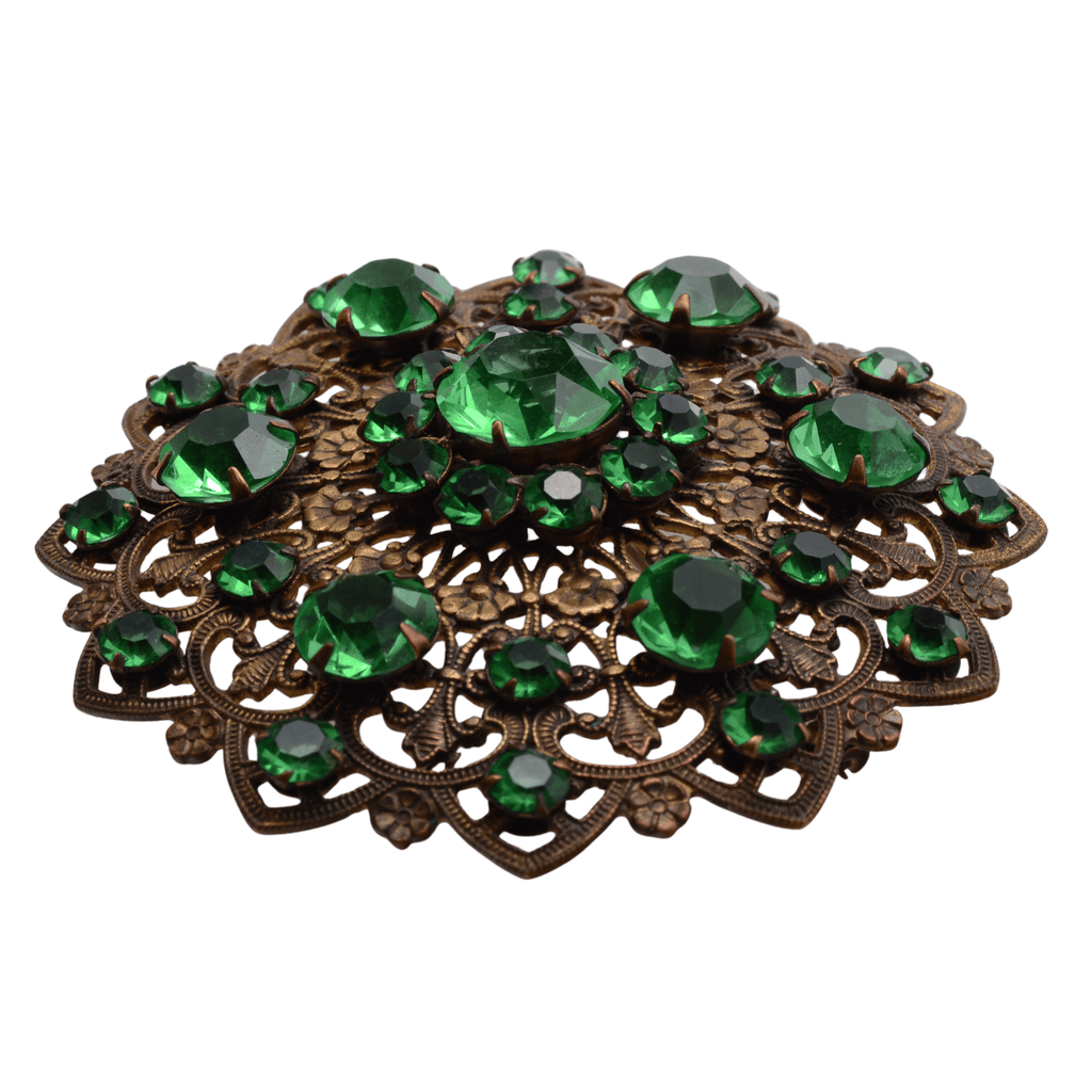 Vintage Czech Art Deco Dress Clip: Emerald Green Crystals, Ornate Base Metal Filigree - 62mm