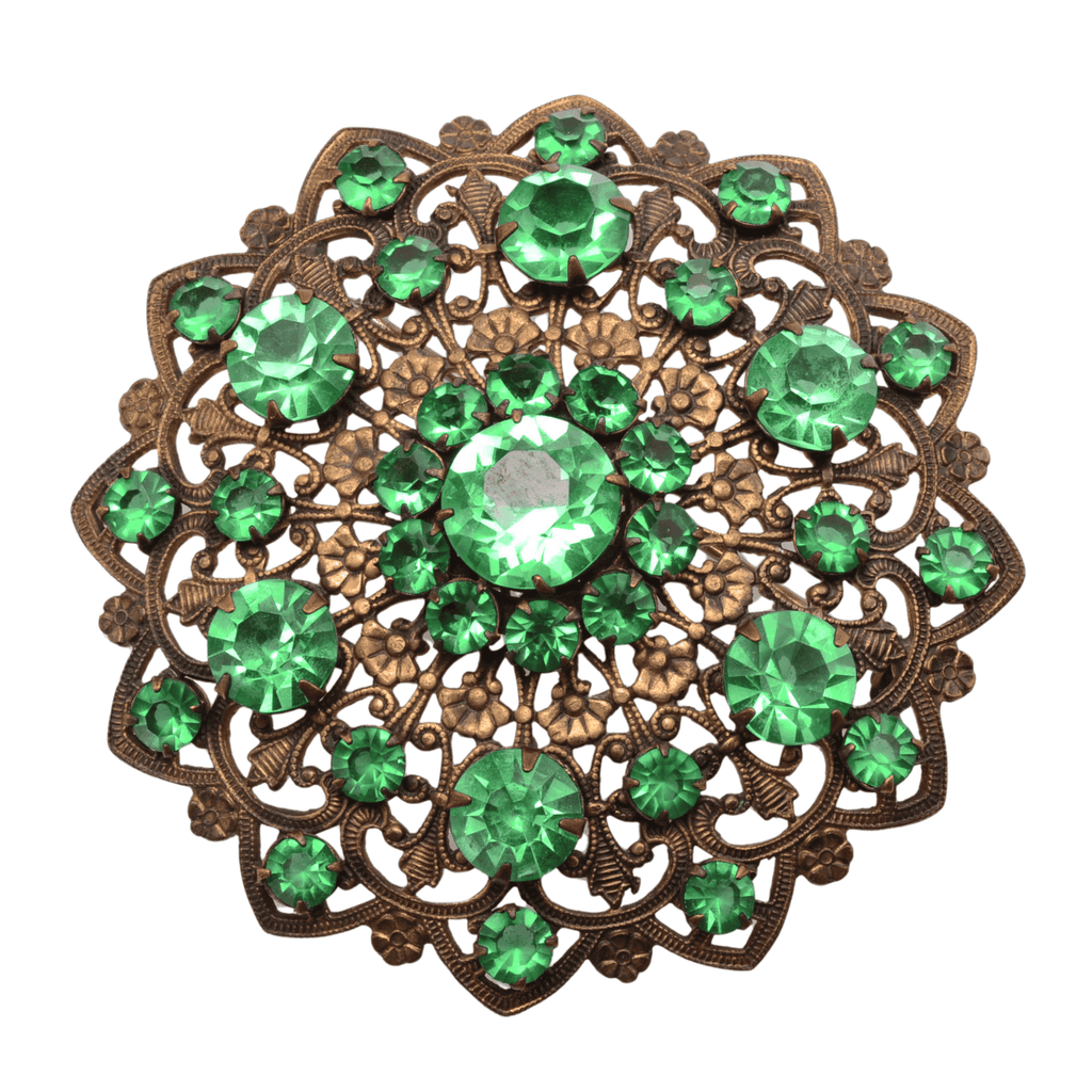 Vintage Czech Art Deco Dress Clip: Emerald Green Crystals, Ornate Base Metal Filigree - 62mm