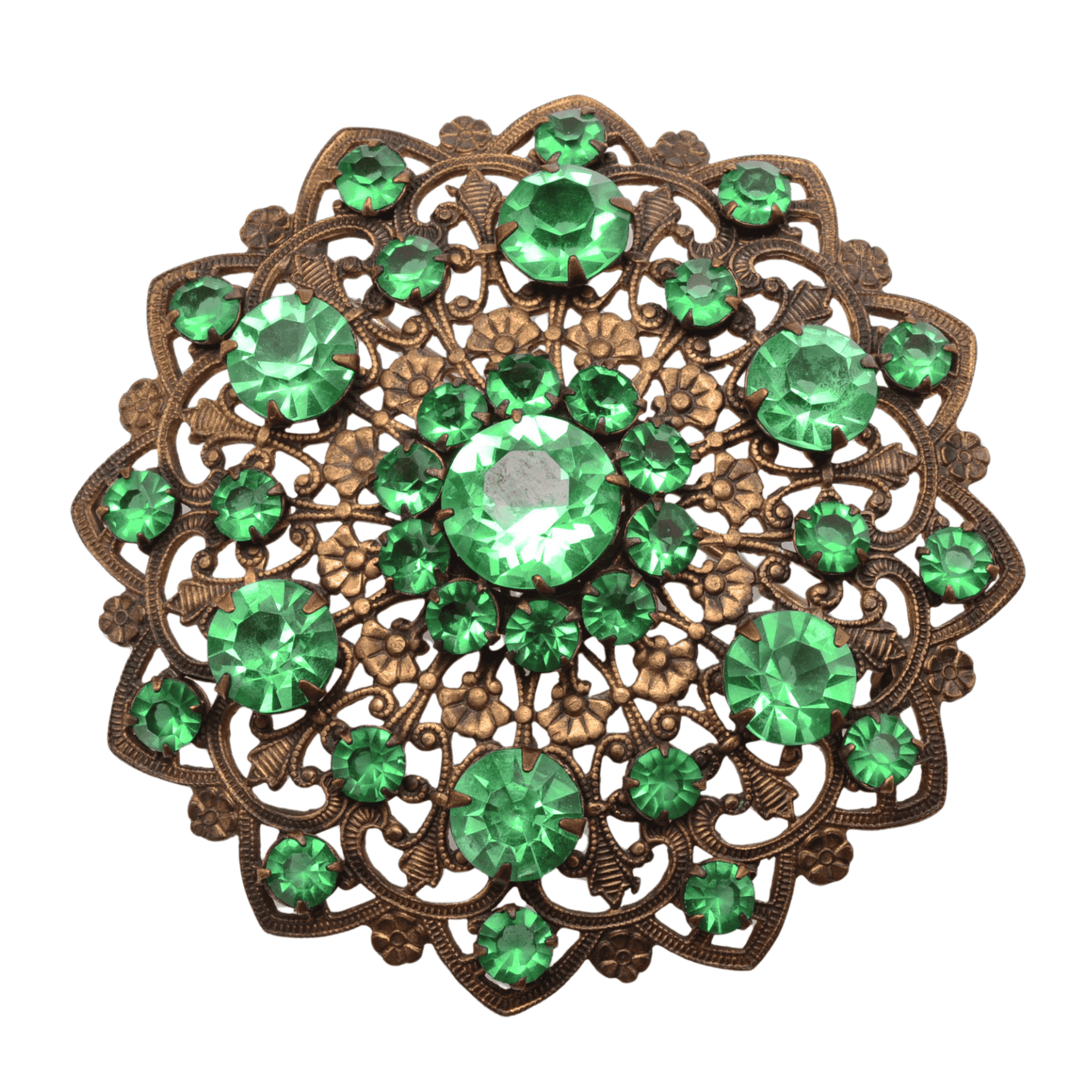 Vintage Czech Art Deco Dress Clip: Emerald Green Crystals, Ornate Base Metal Filigree - 62mm