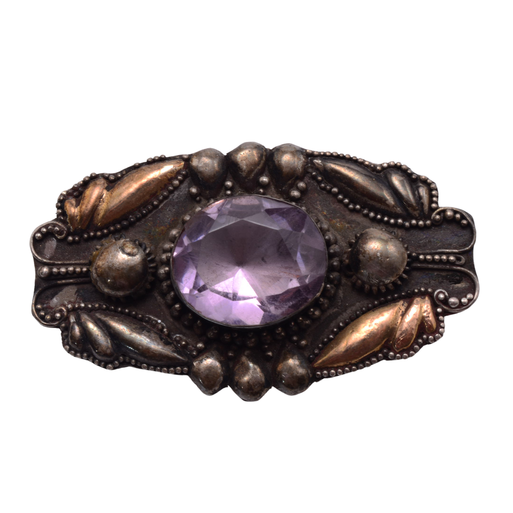 Art Deco Amethyst Glass Stone Brooch - Vintage Style Purple Focal 41mm