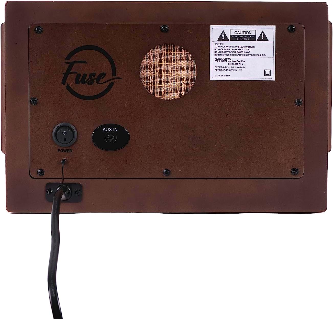 Rear panel of vintage radio with power and AUX In ports and control buttons