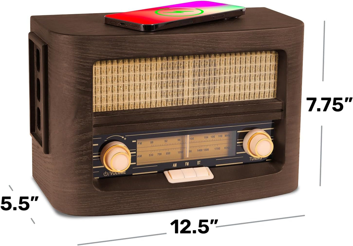 Compact vintage radio with wood finish, speaker grille, and volume/tuning knobs