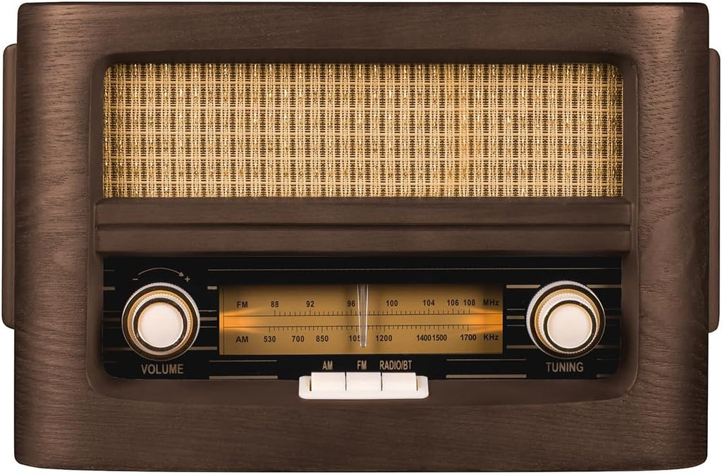Wood vintage radio front panel with speaker mesh and AM/FM radio dials
