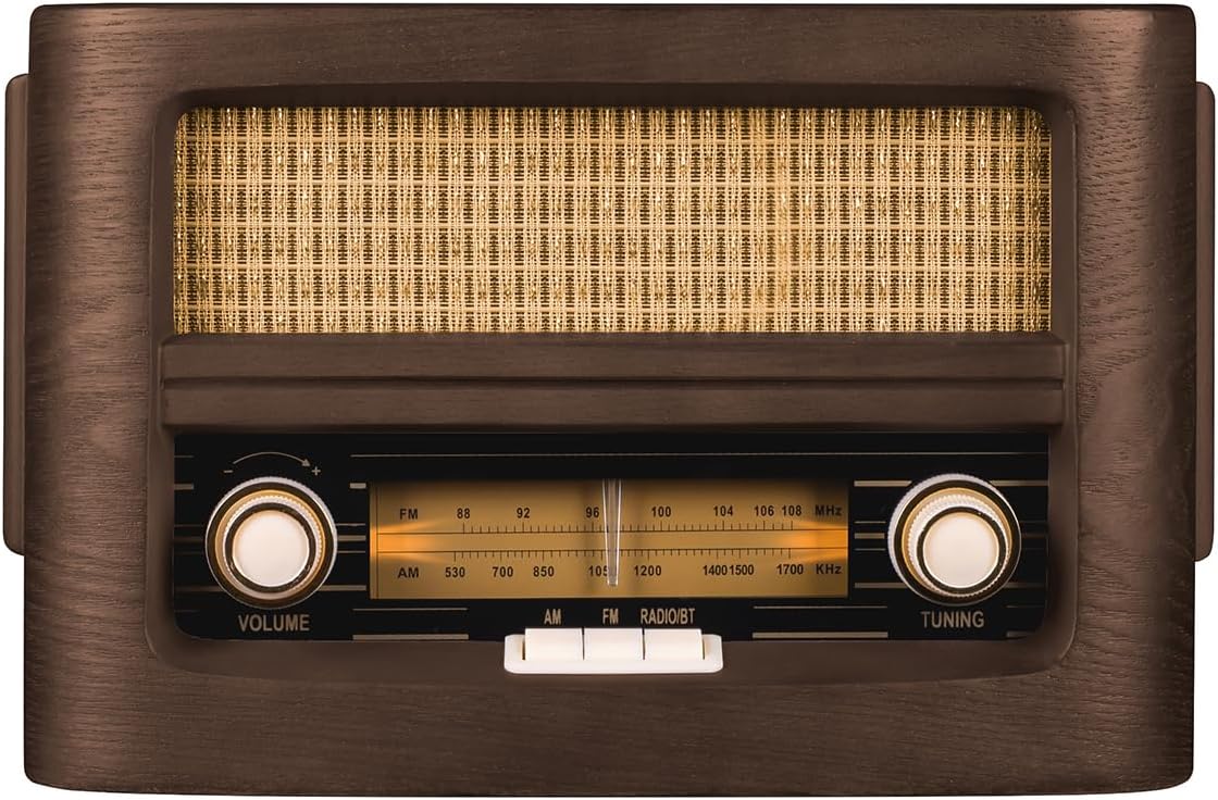 Wood vintage radio front panel with speaker mesh and AM/FM radio dials