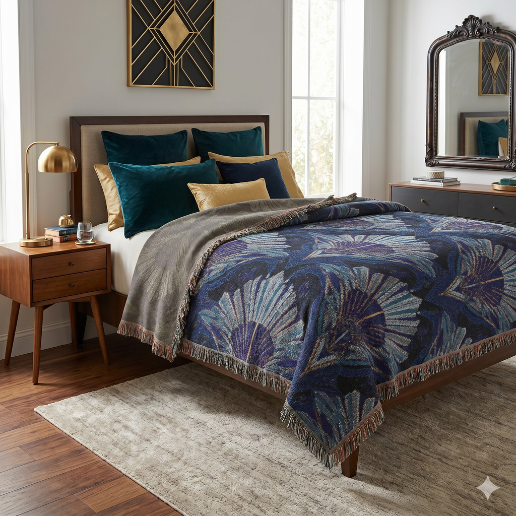 Art Deco Woven Throw Blanket — Navy Peacock Feather