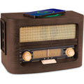 Vintage retro radio with wood cabinet, front speaker grille, and tuning controls