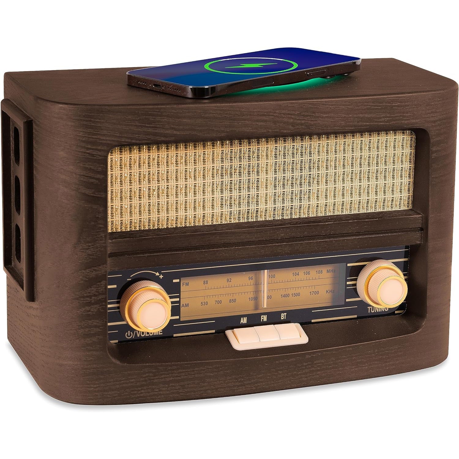 Vintage retro radio with wood cabinet, front speaker grille, and tuning controls
