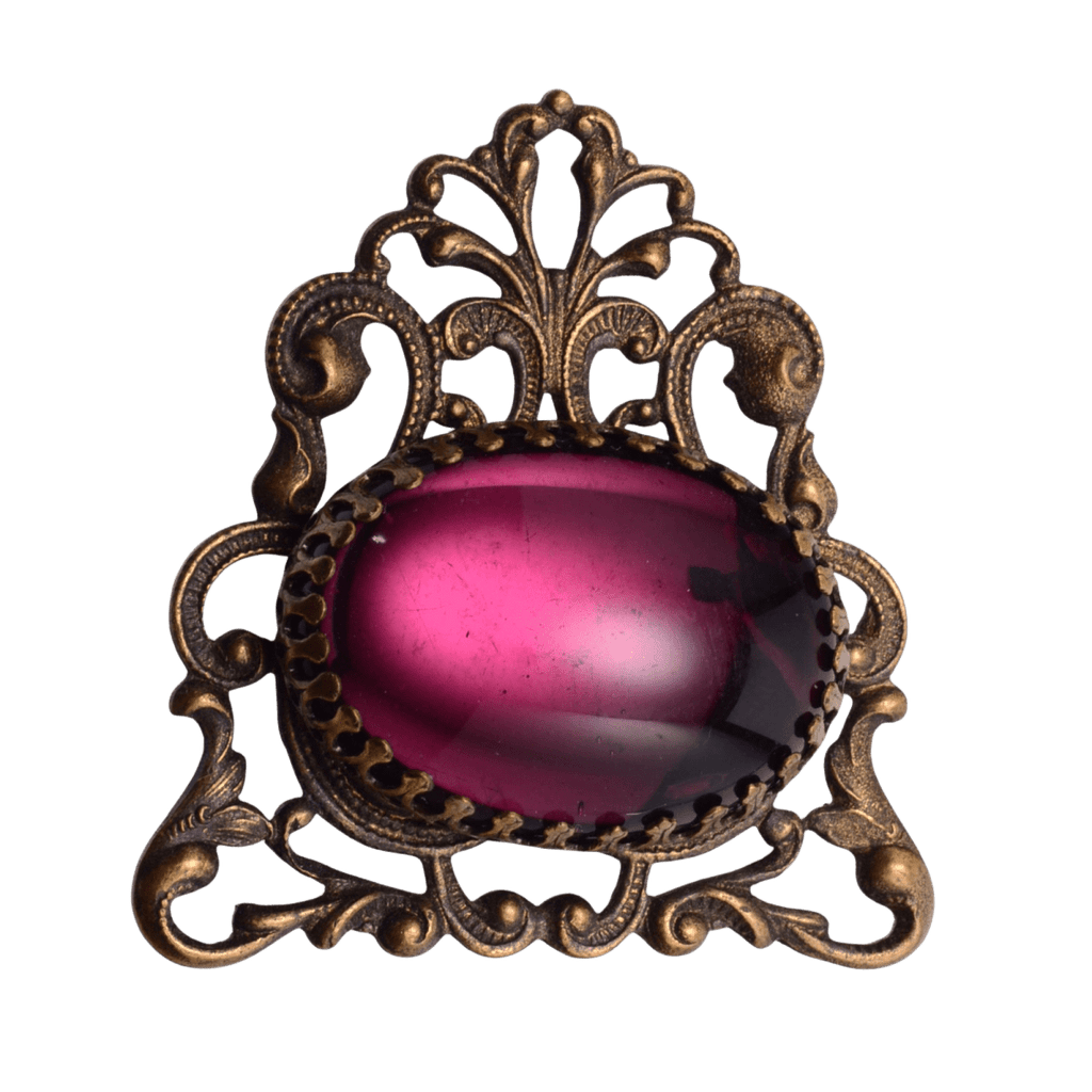 Vintage Art Deco Violet Glass Stone Brooch - 38x40mm Ornate Bronze Filigree Setting