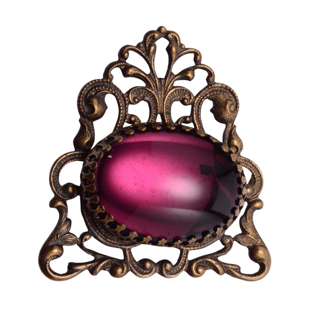 Vintage Art Deco Violet Glass Stone Brooch - 38x40mm Ornate Bronze Filigree Setting